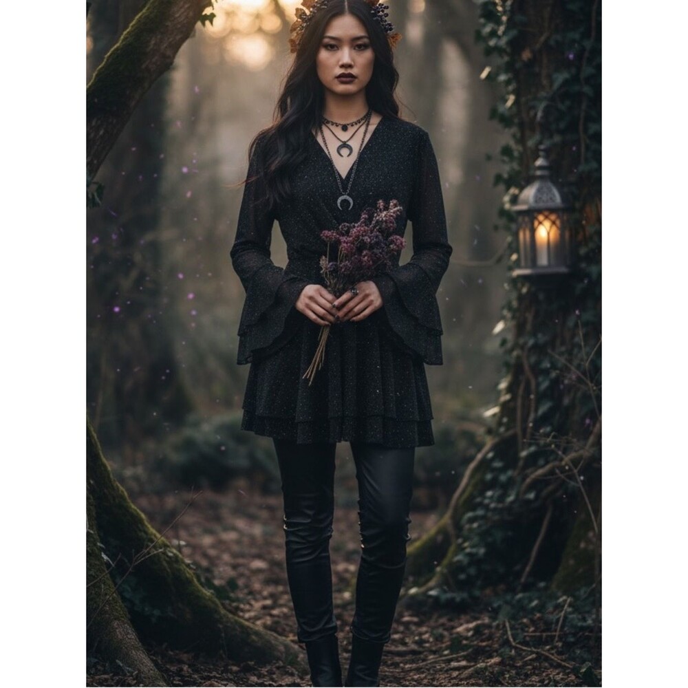 Whimsigoth FairyCore - Poetcore Tiered mesh Tunic - Peplum- Black - NWT - Medium